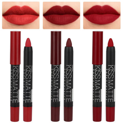 Picture of evpct 3Pcs Dark Ruby Deep Red Matte Lipstick and Lip Crayon Sticks Liner Pencil Set DNM Matte Lip Liner and Lipstick Set 24 Hour Lip Liners Crayon Waterproof labiales mate 24 horas originales 10&11&18