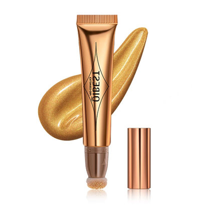 Picture of Yeweian Highlighter Beauty Wand, Cream Liquid Highlighter Makeup Stick, Silky Smooth Face Shimmer Bronzer Stick with Cushion Applicator, Lightweight Body Face Glowing Highlighter, Cruelty-free（Bronze Gold）