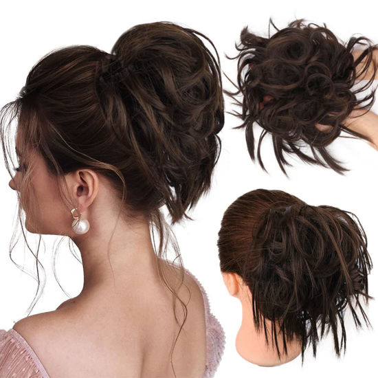 Picture of HMD Tousled Updo Messy Bun Hairpiece Hair Extension Ponytail with Elastic Rubber Band Updo Ponytail Hairpiece Synthetic Hair Extensions Scrunchies Ponytail Hairpieces for Women（Tousled Updo Bun,Medium dark brown))