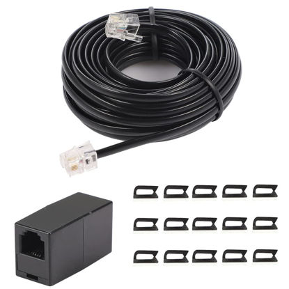 Picture of 20Feet Long Telephone Extension Cord Phone Cable Line Wire, with Standard RJ11 Plug and 1 in-Line Couplers and 10 Cable Clip Holders-Black (20 Feet)