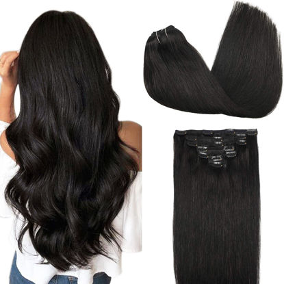 Picture of GOO GOO Hair Extensions Clip in Human Hair Natural Black #1b 7pcs 120g 16 Inch Remy Human Hair Extensions Clip on Straight Real Hair Extensions