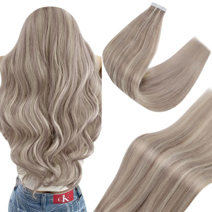 Picture of Sunny Tape in Hair Extensions Human Hair Dirty Blonde Highlights Platinum Blonde Invisible Tape in Hair Extensions Highlights Skin Weft Tape in Hair Extensions 20inch 20pcs 50g