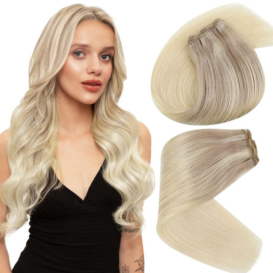 Picture of Transform Your Look with Sunny Weft Hair Extensions Real Human Hair Ash Blonde Ombre with Platinum Blonde Highlights, 14inch 100g Double Weft Bundles for Flawless Sew in Extensions