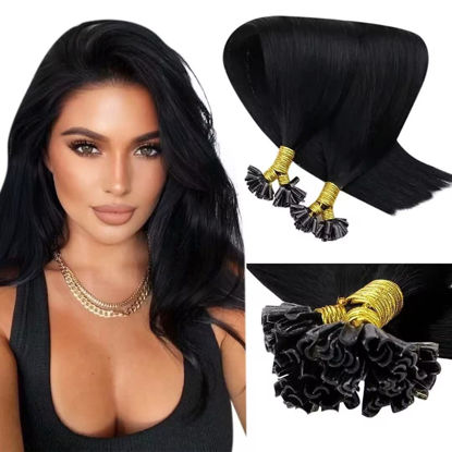 Picture of LAAVOOU Tip Real Human Hair Extensions Jet Black Pre Bonded U Tips Fusion Hair Extensions Black U Tip Keratin Extesions Long Straight Hot Fusion 24 inch 50g 50s