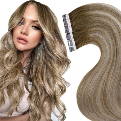 Picture of LAAVOO Tape in Human Hair Extensions Balayage Ombre Hair Extensions Tape in Remy Straight for Long Hair 22 Inch Brown Blonde Tape in Hair Extensions 20pcs/50g