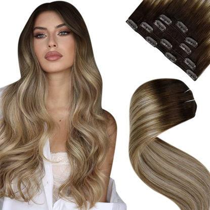 Picture of LAAVOO Hair Extensions Clip in Human Hair Balayage Brown to Light Brown Mix Light Blonde 5pcs/80g 16 inch Human Hair Extensions Ombre Brown Clip in Hair Extensions Real Human Hair Straight for Women