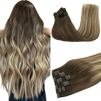 Picture of GOO GOO Clip in Hair Extensions Walnut Brown to Ash Brown and Bleach Blonde Remy Human Hair Extensions Clip in Real Hair Extensions Natural Straight Extensions 14 Inch 120g