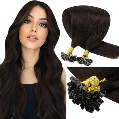 Picture of LAAVOO 24 Inch Darkest Brown Human Hair Extensions U Tip Pre Bonded Fusion Hair Extensions Brown U Tip Real Human Hair Extensions Long Straight 50g 50s