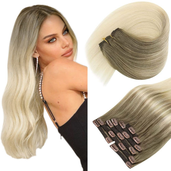 Picture of Sunny Clip in Hair Extensions Human Hair Ombre Warm Brown to Bright Golden Blonde Clip in Human Hair Extensions Balayage Brown Ombre Blonde Human Hair Extensions Clip ins Double Weft 7pcs 120g 14in