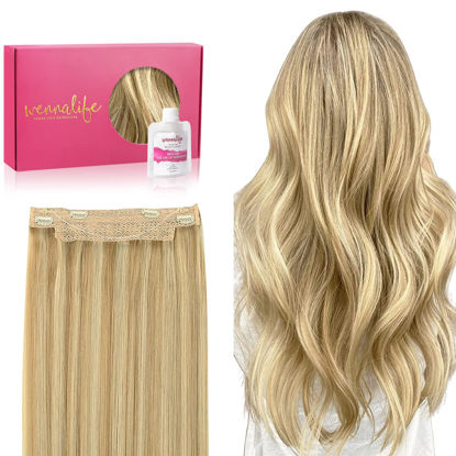 Picture of WENNALIFE Wire Hair Extensions (Increase 50% Lifespan) Real Human Hair 16 inch 95g Light Blonde Highlighted Golden Blonde Remy Hair Extensions Invisible Transparent Wire Fish Line Hair Extensions