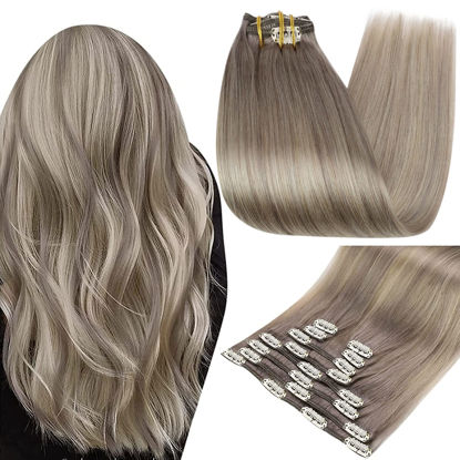 Picture of Full Shine Blonde Clip in Hair Extensions 120 Gram Real Hair Extensions Clip in Human Hair Double Weft Clip in Hair Extensions 7 Pcs Clip ins Hair Balayage Ash Grey Blonde Fading to Platinum Blonde 14 Inch