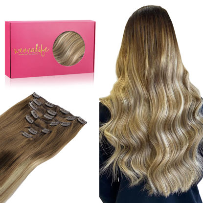 Picture of WENNALIFE Clip in Human Hair Extensions, 16 Inch 120g 7pcs Ombre Walnut Brown to Ash Brown and Bleach Blonde Clip in Human Hair Remy Clip in Hair Extensions Real Human Hair Double Weft