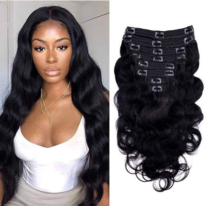 Picture of Body Wave Clip in Hair Extensions for Black Women Body Wave Human Hair Clip in Hair Extensions Natural Black Color Full Head Brazilian Virgin Hair，8/Pcs with 18Clips,120 Gram (24inch, Body hair)