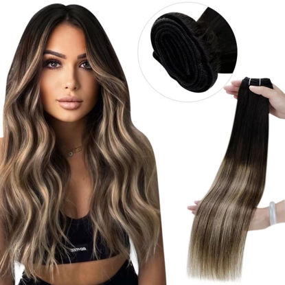 Picture of LAAVOO Remy Weft Hair Extensions Human Hair Off Black Ombre Dark Brown Mix Caramel Brown 16inch 100g Sew in Hair Extensions Real Human Hair Black Ombre Remy Human Hair Double Weft Straight