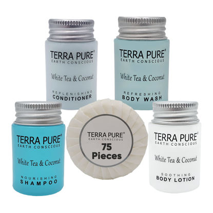 Picture of Terra Pure White Tea and Coconut Hotel Soaps and Toiletries Bulk Set | 1-Shoppe All-In-Kit for Hotels | 1oz Shampoo & Conditioner, Body Wash, Lotion & 1.25oz Bar Soap | Travel Size Toiletries 75 Pieces