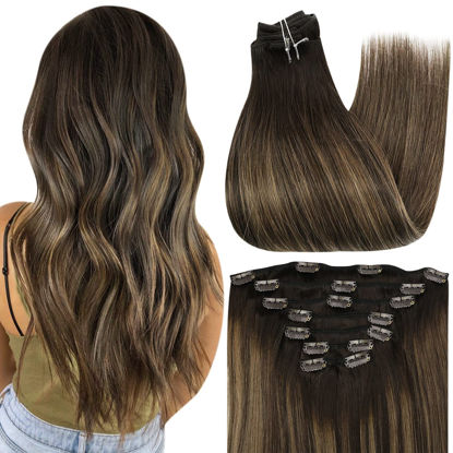 Picture of Full Shine Balayage Brown Clip in Hair Extensions 2 Fading to 8 Ash Brown With 2 Darkest Brown 120 Grams Clip in Human Hair Extensions Silky Straight Invisible Remy Hair for Women Clip in 16 Inch