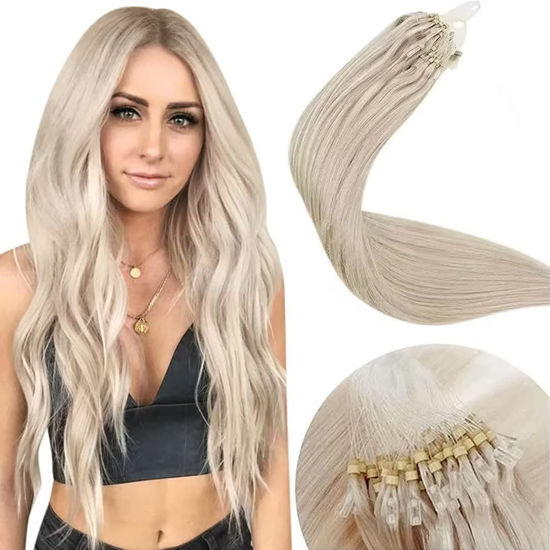 Picture of LAAVOO Micro Ring Hair Extensions Real Human Hair Platinum Blonde Long Hair Extensions Micro Loop Real Human Hair Silky Straight 22 inch 1g/1s 50set