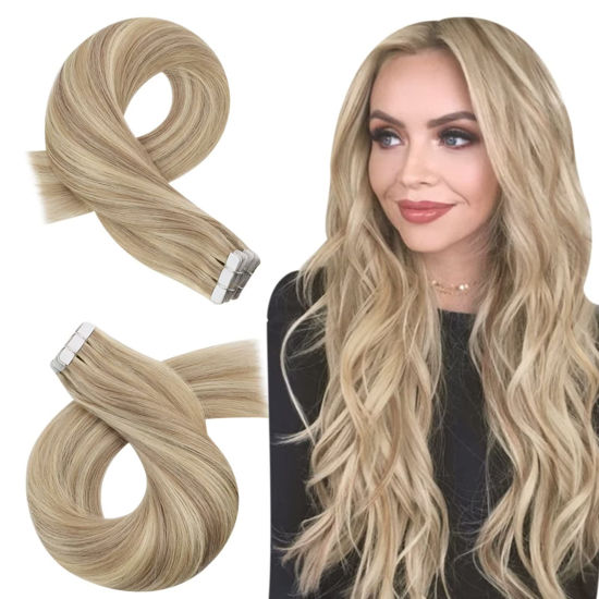 Picture of Moresoo Tape in Hair Extensions Human Hair 24 Inch Real Hair Extensions Tape in 20pcs Tape in Natural Hair #16/22 Honey Blonde Highlighted Light Blonde Silky Straight Human Hair Tape ins 50g