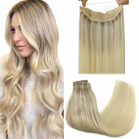 Picture of GOO GOO Hair Extensions Ombre Ash Blonde to Golden Blonde Mixed Platinum Blonde 16 Inch 95g Remy Human Hair Extensions Hairpiece Wire Hair Extensions with Transparent Line Straight