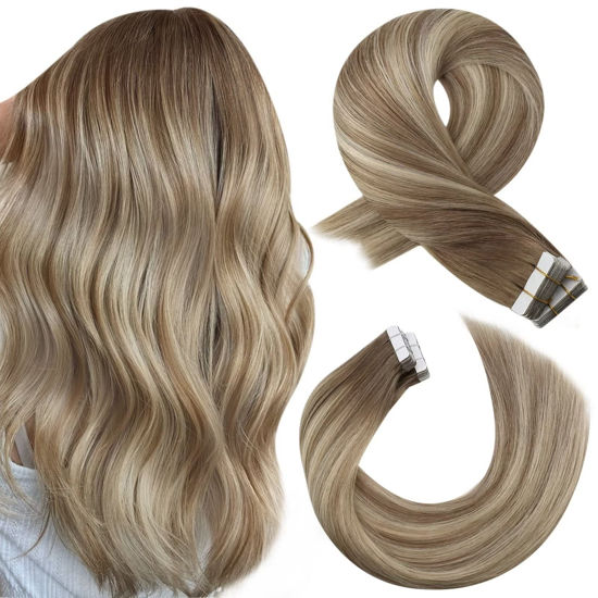 Picture of Moresoo Tape in Blonde Hair Extensions 24 Inch Human Hair Extensions Tape in 20pcs Double Sided Tape in Extension #8/22/8 Ash Brown to Blonde Highlighted Light Blonde Tape in Straight Hair 50g