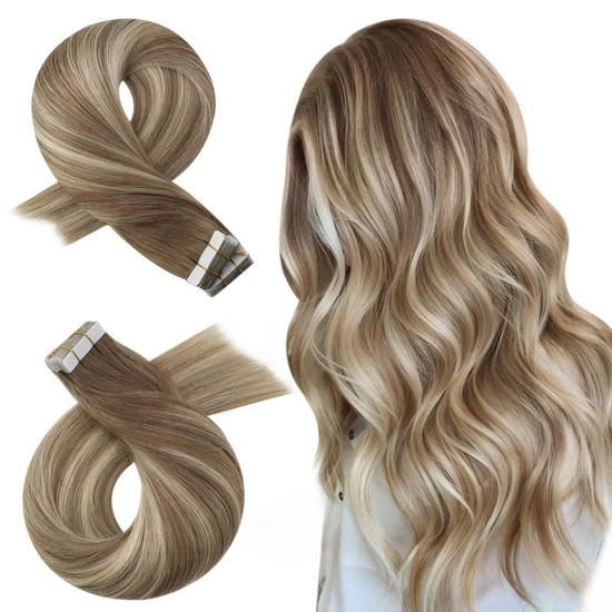 Picture of Moresoo Tape Hair Extensions Human Hair 24 Inch Blonde Ombre Tape in Hair Extensions 20pcs Tape in Remy Hair Brown and Platinum Blonde Seamless Tape on Real Hair Extension 50g