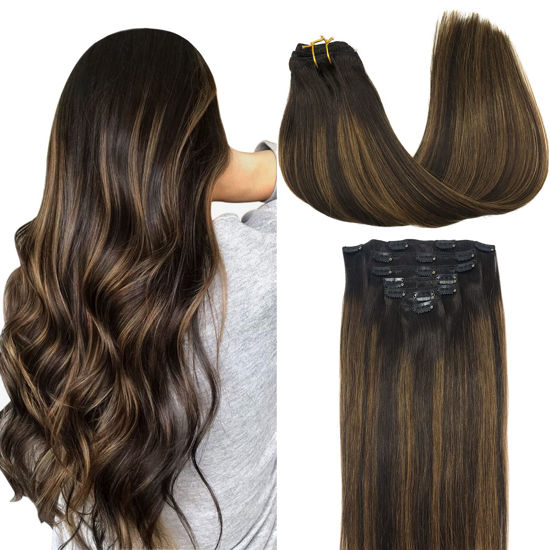 Picture of GOO GOO Clip in Hair Extensions Human Hair Balayage Dark Brown to Chestnut Brown 7pcs 120g 16 Inch Remy Human Hair Extensions Clip in Straight Thick Real Hair Extensions