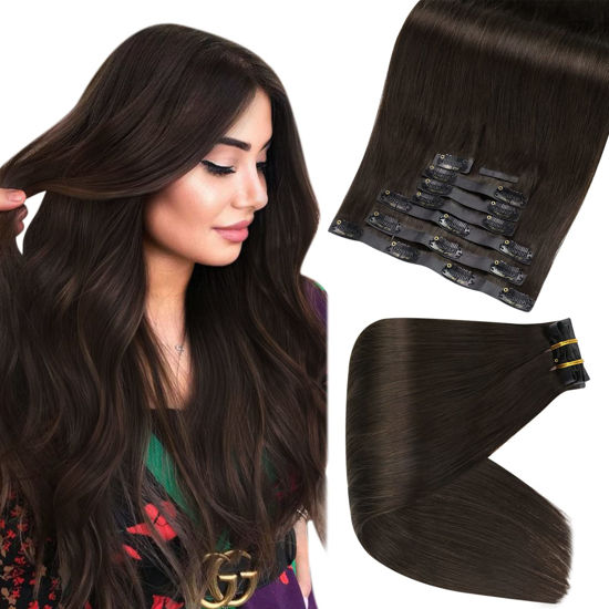 Picture of Full Shine Clip in Human Hair 16 Inch Seamless Clip in Hair Extensions Real Human Hair Dark Brown Clip in Extensions 8Pcs 120 Grams Natural Hair Extensions for Women With Pu Weft Soft Straight