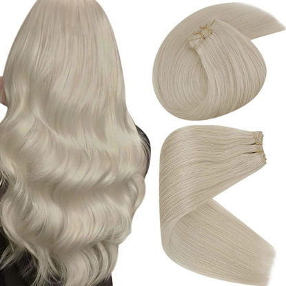 Picture of Sunny Weft Hair Extensions Human Hair Blonde #60 Human Hair Weft Extensions Double Weft Hair Extensions Sew in Platinum Blonde Human Hair Weft Extensions for Added Volume and Thickness 16inch 100g