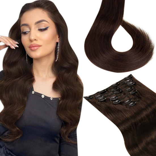 Picture of LAAVOO Clip in Hair Extensions Real Human Hair Dark Brown 18 inch 7pcs 120G Remy Human Hair Extensions Clip ins Darkest Brown Brazilian Natural Hair Extensions Silky Straight Full Head Set