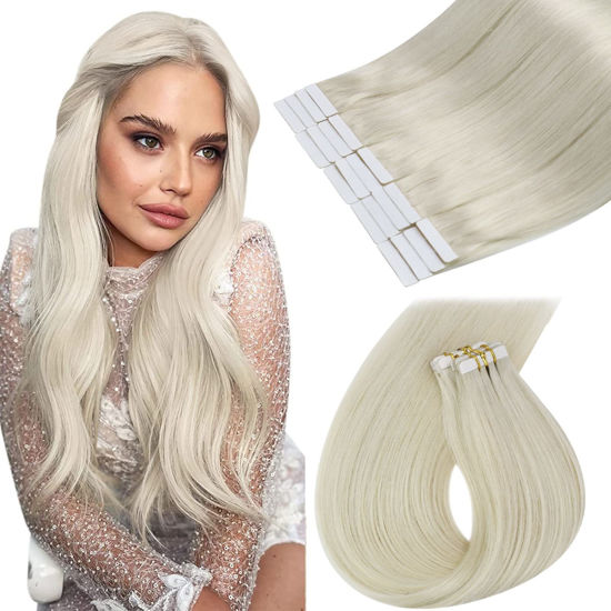 Picture of Sunny Hair Tape in Hair Extensions Platinum Blonde Tape in Extensions Remy Human Hair for Women Tape in Hair Extensions Real Human Hair Blonde Tape on Natural Human Hair Long 50g 20pcs 24inch