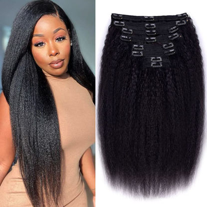 Picture of CanaryFly Kinky Straight Clip in Hair Extensions for Black Women Full Head Brazilian Virgin Human Hair Natural Black Color ,8/Pcs with 18Clips,120 Gram (24inch, Kinky Straight)