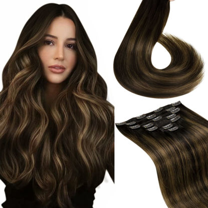 Picture of LAAVOO Clip in Hair Extensions Balayage Real Human Hair Dark Brown Fading to Light Brown 18 inch Hair Extensions Clip in Human Hair Brunette Hair Extensions For Women 120g 7pcs