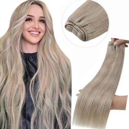 Picture of LAAVOO Sew in Blonde Hair Extensions Real Human Hair Weft Hair Extensions 16 Inch Blonde Human Hair Extensions Dirty Blonde with Platinum Blonde Sew in Weft Bundles 100 Gram