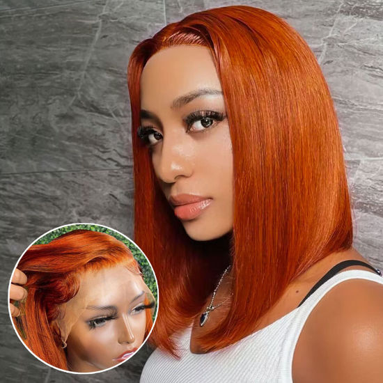 Picture of UCUVIC 13x4 Ginger Wig Lace Front Human Hair Bob Wig Human Hair HD Lace Front Glueless Wigs Human Hair Pre Plucked Frontal Bob Wigs Human Hair Ginger Bob Wigs For Black Women human hair 14 Inch