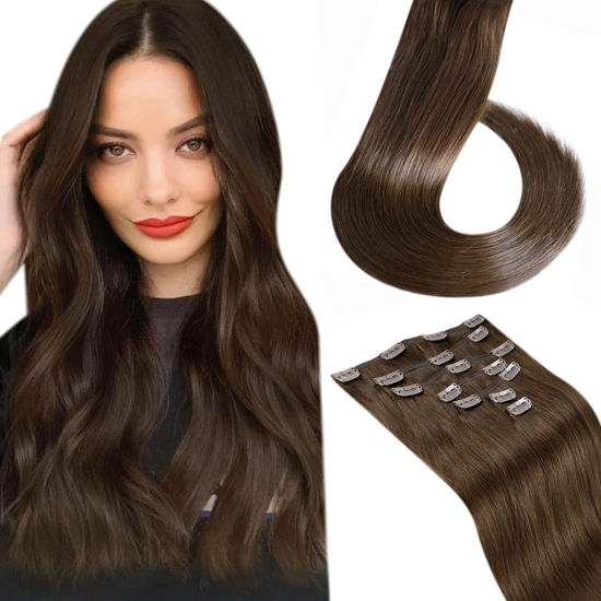 Picture of LaaVoo Brown Clip in Hair Extensions Real Human Hair #4 Dark Brown Remy Human Hair Extensions Clip ins for Women Straight Extensions Human Hair Natural 18 inch 7Psc 120G