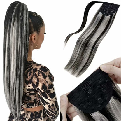 Picture of LAAVOO Ponytail Extension for Black Women Wrap Around Clip in Ponytail Hair Extensions 18 Inch Off Black Highlights with Silver Grey Real Human Hair Extensions Ponytail 80G/Set