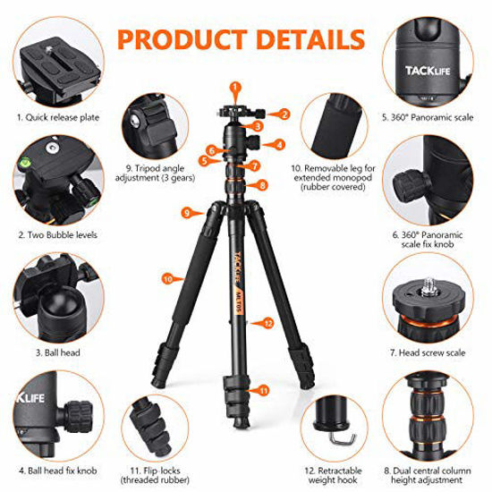 Picture of TACKLIFE 70 Inch Tripod with Monopod, Max Load Capacity of 18 Lbs, Aluminum Travel Tripod with 360 ° Ball Head & Quick Release Mount, Bluetooth Remote, Suitable for Smartphone and DSLR Camera -MLT05