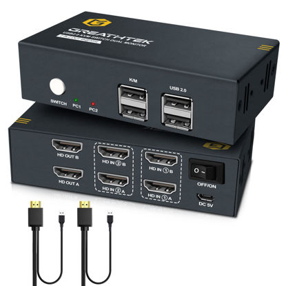 Picture of KVM Switch Dual Monitor HDMI 4K@30Hz, KVM Switch 2 Monitors 2 Computers, HDMI KVM Switches 2 Port with USB 2.0 Ports Share Keyboard & Mouse, Support 2 PCs Share 2 Monitors, Hotkey Switch, with Cables