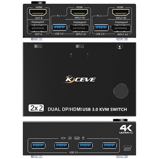 Picture of KCEVE DP HDMI USB 3.0 KVM Switch 2 Computer 2 Monitors, Dual Monitors Displayport KVM Switcher Supports 4K@60Hz for 2 Computers Share Keyboard, Mouse and Monitor