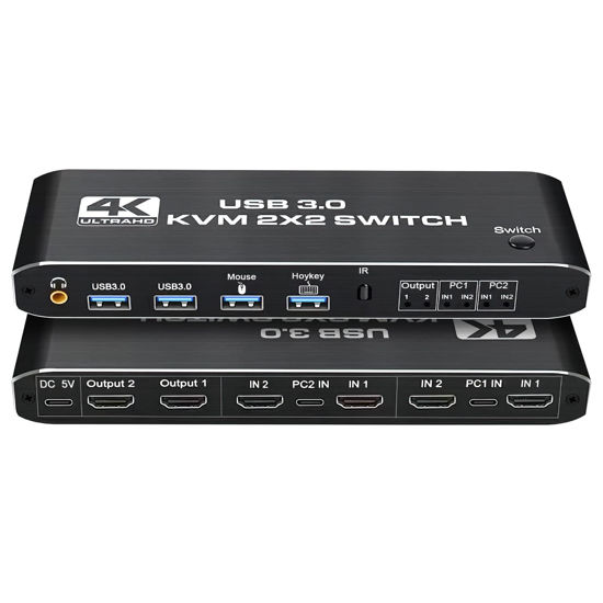 Picture of HDMI 2.0 KVM Switch with 3.5mm Jack Audio Output,Hdiwousp USB 3.0 KVM Switch 2x2 for 2 Computers and 2 Monitors 4K@60Hz with 3 Display Method,Hot Key Switching,IR Control