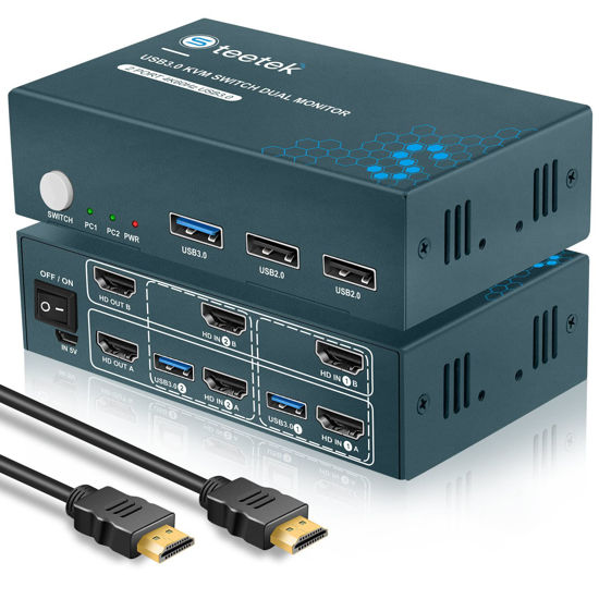 Picture of Steetek 2 Monitors 2 Computers KVM Switch USB 3.0, 4K@60Hz 2 Ports USB 3.0 Dual Monitors KVM Switches, Button Switch HDMI 2.0 KVM, with 4 HDMI Cables, 2 USB Cables, 1 Micro USB Cables