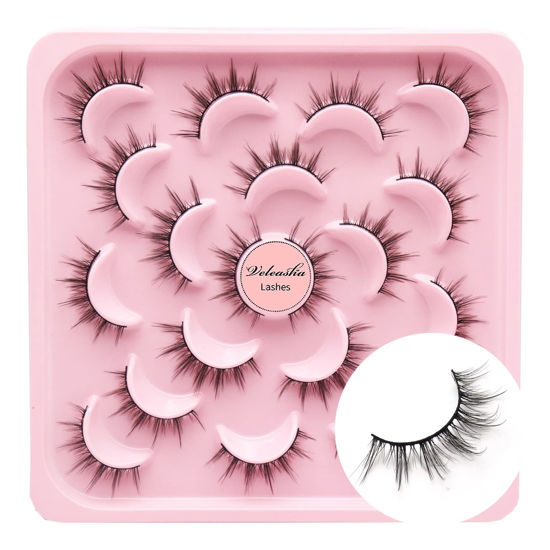 Picture of Veleasha Manga Lashes 10 Pairs Natural Look Fluffy False Eyelashes That Look Like Individual Clusters Soft Wispy Lashes Faux Mink Lashes Pack | 6D75