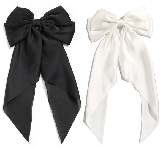 2pcs/set (black & White) Silky Satin Hair Ribbon Bow With Metal Clips Hair  Accessories For Girls