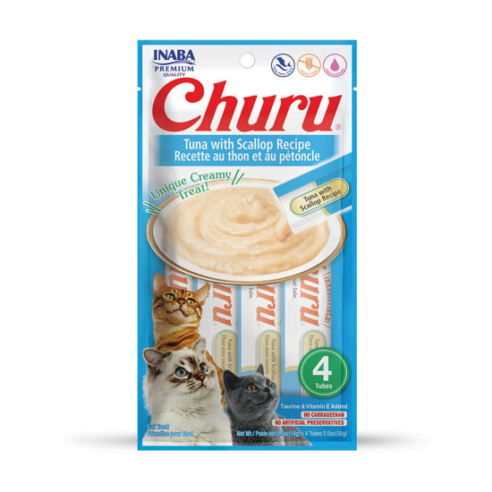 Picture of INABA Churu Cat Treats, Grain-Free, Lickable, Squeezable Creamy Purée Cat Treat/Topper with Vitamin E & Taurine, 0.5 Ounces Each Tube, 4 Tubes, Tuna with Scallop Recipe