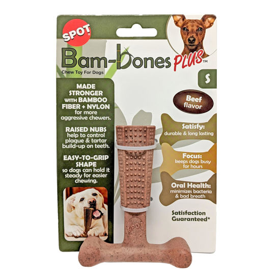 Picture of SPOT Bam-bones PLUS T Bone - Bamboo Fiber & Nylon, Durable Long Lasting Dog Chew for Aggressive Chewers - Great Toy for Adult Dogs & Teething Puppies under 30lbs, Non-Splintering, 4in, Beef Flavor