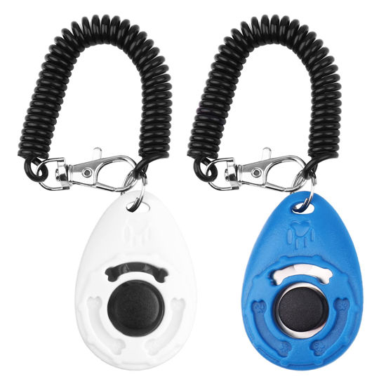 Picture of Dog Training Clicker with Wrist Strap - OYEFLY Durable Lightweight Easy to Use, Pet Training Clicker for Cats Puppy Birds Horses. Perfect for Behavioral Training 2-Pack (Blue and White)