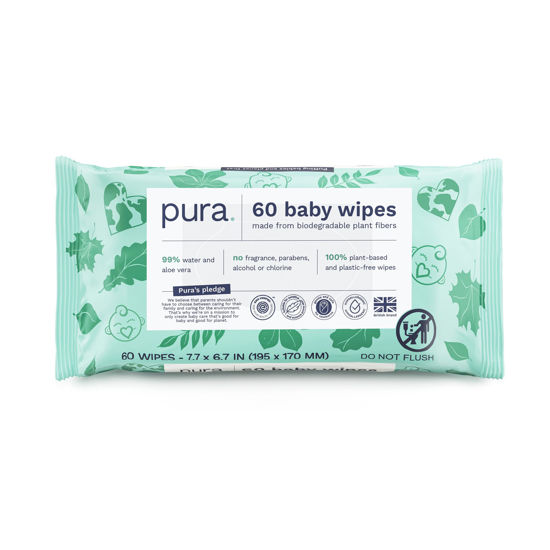 Picture of Pura Baby Wipes - 100% Plastic-Free & Plant Based Wipes, 99% Water, Suitable for Sensitive & Eczema-prone Skin, Fragrance Free & Hypoallergenic, Cruelty Free, EWG Verified, 1 Pack of 60 Wet Wipes