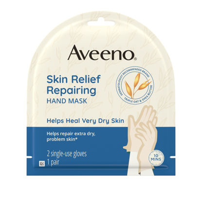 Picture of Aveeno Skin Relief Repairing Hand Mask, Moisturizing Gloves with Prebiotic Oat & Shea Butter for Very Dry Skin, Hand Care for Sensitive Skin, Fragrance-Free, 1 Pair of Single-Use Gloves