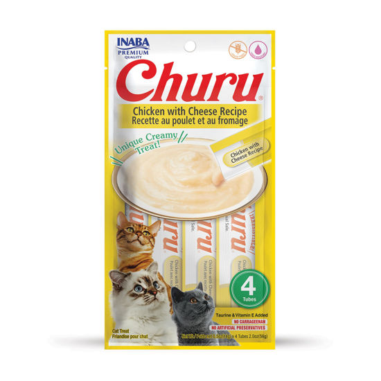 Picture of INABA Churu Cat Treats, Grain-Free, Lickable, Squeezable Creamy Purée Cat Treat/Topper with Vitamin E & Taurine, 0.5 Ounces Each Tube, 4 Tubes, Chicken with Cheese Recipe