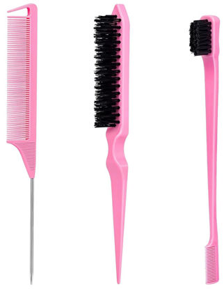 Picture of Pink Slick Back Hair Brush - Rat Tail Comb for Hair Parting, Teasing Comb for Enhancing Volume and Fullness, Edge Brush for Controlling Flyaways